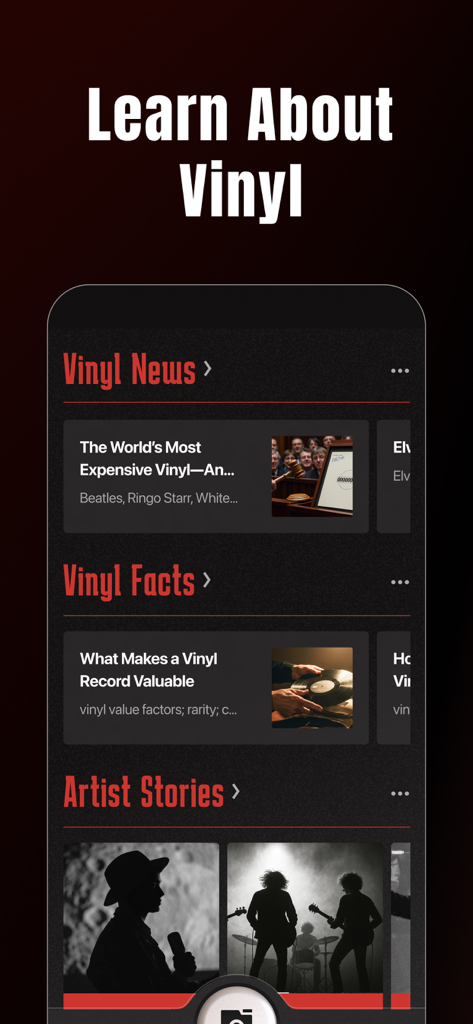 A screen from the VinylSnap app showing sections for vinyl news vinyl facts and artist stories