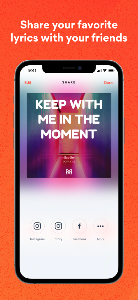 A Musixmatch app screenshot showing a customizable lyrics card with text from Say So by Doja Cat ready to be shared on social media platforms like Instagram and Facebook.