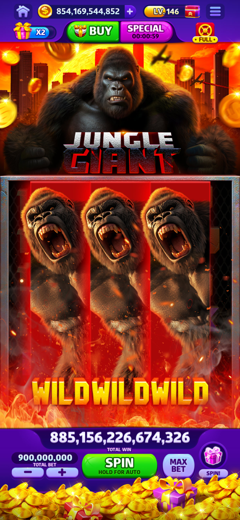 Cash Frenzy™ - Slots Casino - Jugabilidad de máquina tragamonedas Jungle Giant en Cash Frenzy mostrando una temática de gorila y una gran victoria