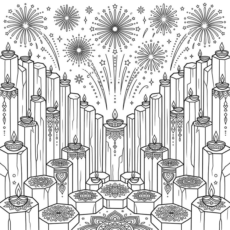 Experience the magic of Diwali with this extraordinary coloring page, blending natural geological wonders with festive traditions. Illuminate striking columnar jointing formations with radiant diyas, intricate rangoli, and spectacular fireworks.