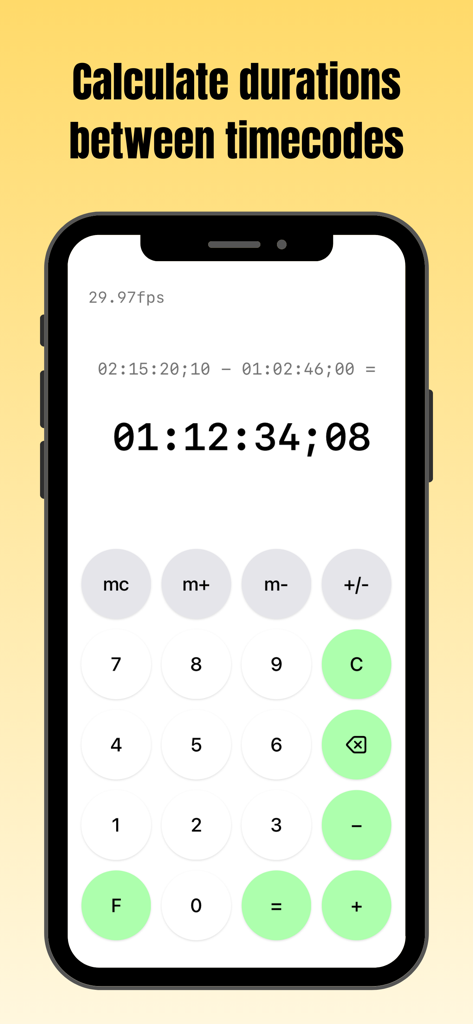 tcCalc app screen on iPhone showing a duration calculation between two timecodes at 29.97fps