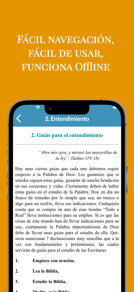 Reina Valera 1960 Santa Biblia - Interfaz de la app Reina Valera 1960 Biblia mostrando una guía de estudio en español con encabezado de navegación offline