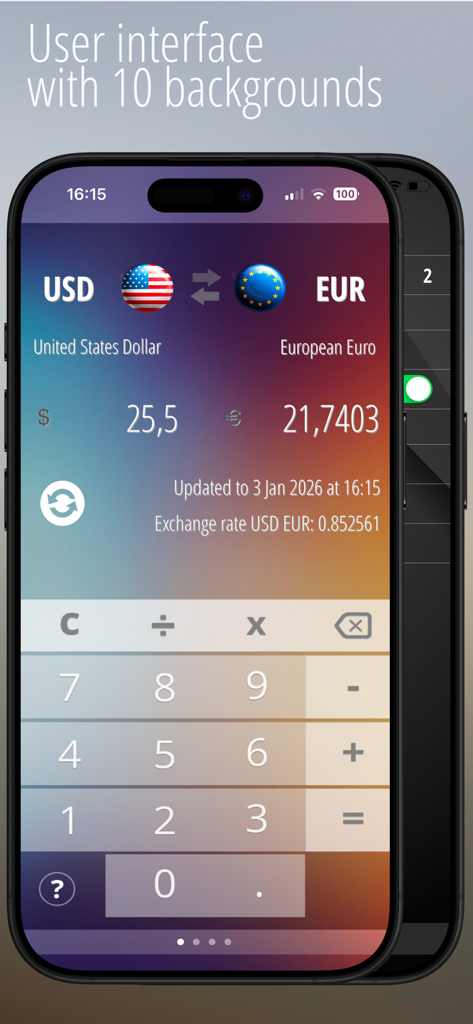 iCurrency Converter app interface showing USD to EUR conversion with a custom background and numeric calculator
