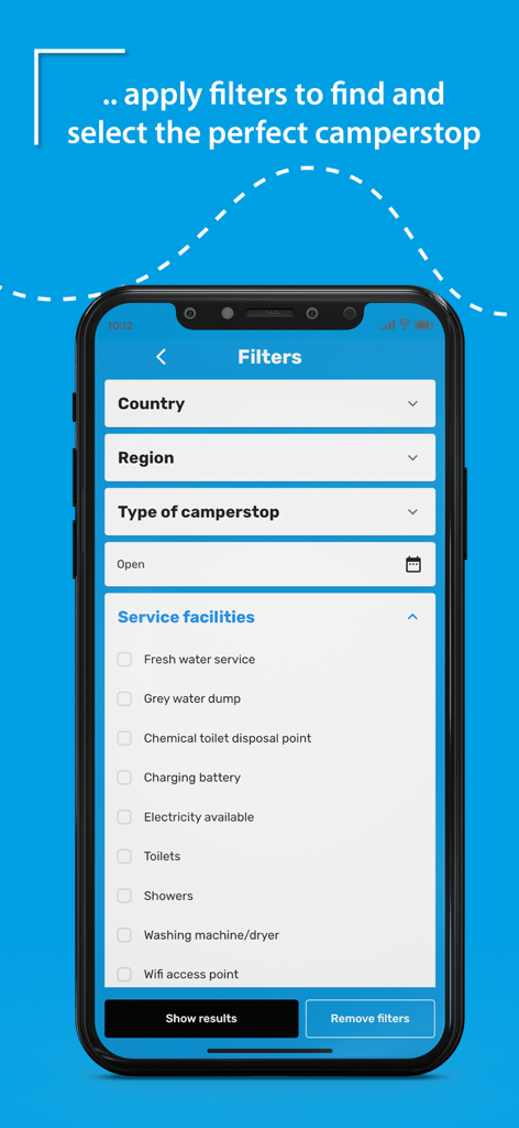 Screenshot of the Camperstop app showing advanced filters for motorhome stopovers including service facilities like water electricity and wifi
