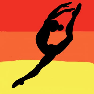 gymnast doing a leap in a leotard with a bent back leg