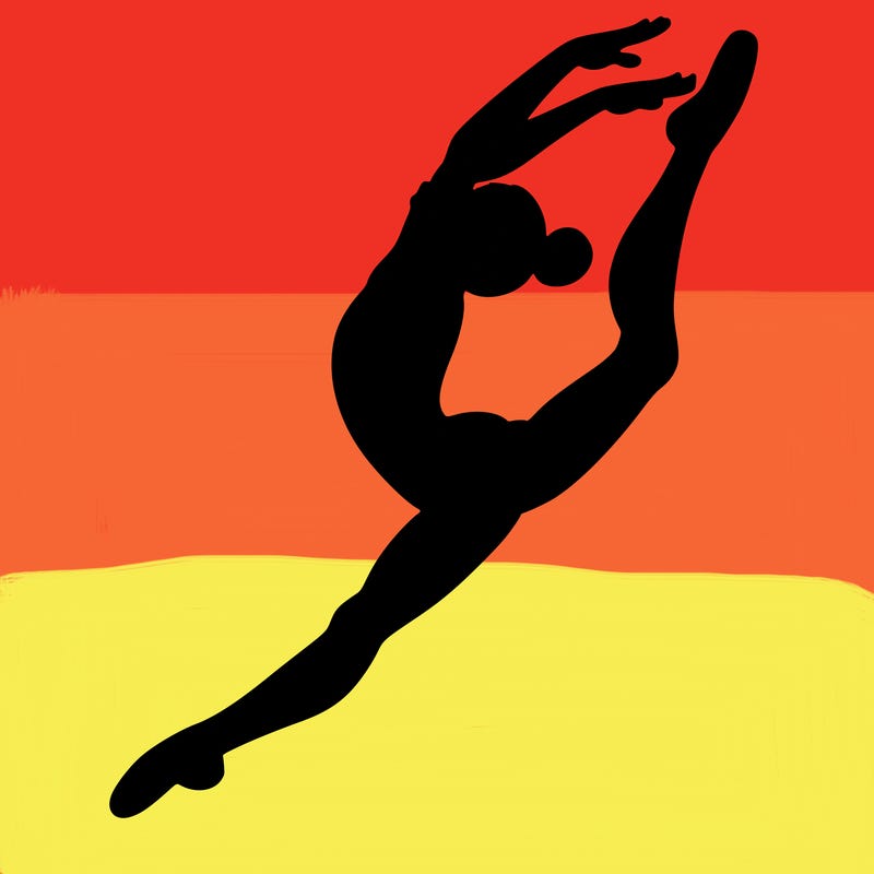 gymnast doing a leap in a leotard with a bent back leg
