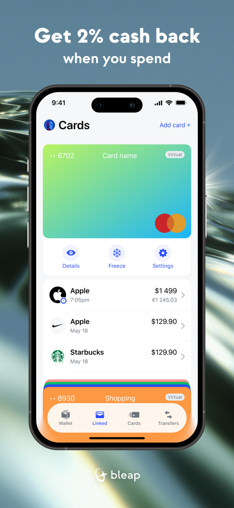 Bleap: Finance & Crypto Card - Pantalla de la aplicación Bleap mostrando una Mastercard virtual con el historial de transacciones recientes y detalles de devolución de dinero.