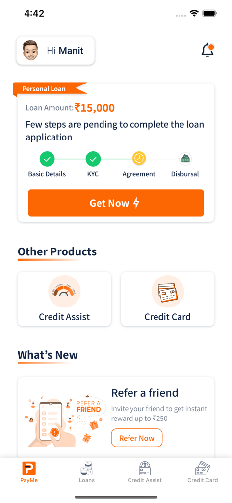 PayMe app dashboard showing a personal loan application progress bar and financial products