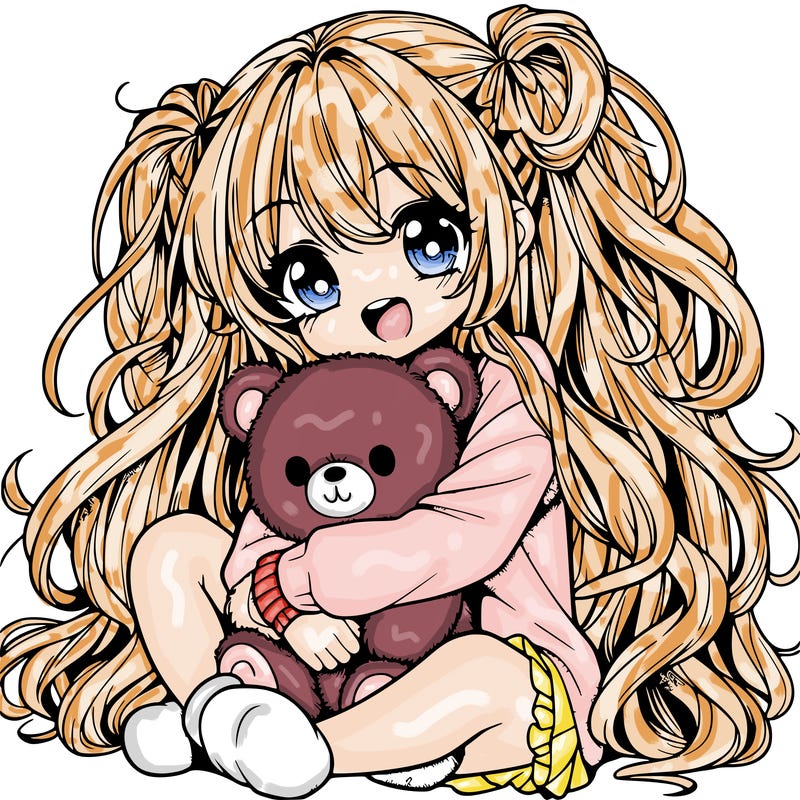 manga girl, long curly hair, happy, cuddling a teddy bear