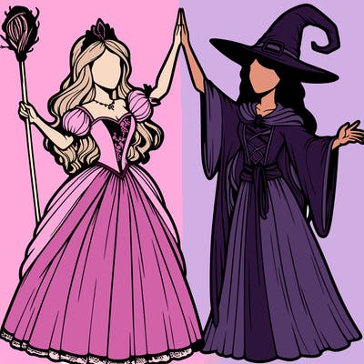 detailed realistic split of a princess and a witch