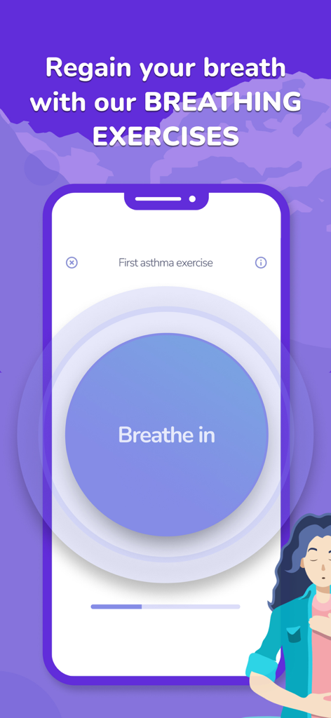 Airyn, the asthma app - Airlyn app screen showing a guided breathing exercise for asthma with a large circle and breathe in prompt