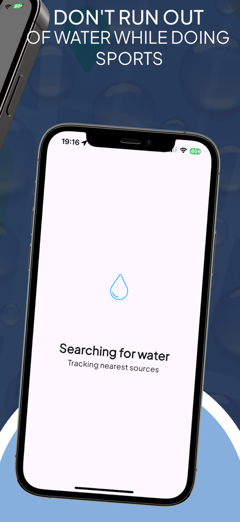 AquaFinder - AquaFinder App-Bildschirm sucht nach den nächstgelegenen Trinkwasserquellen.