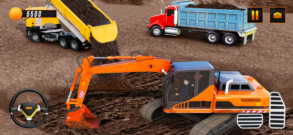 Excavator Truck Simulator 2024 - Una excavadora naranja y dos camiones volquete trabajando en un campo de tierra en un juego de simulación de construcción.