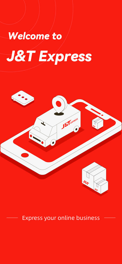 J&T Express Arab - Welcome screen for J&T Express Arab app featuring an illustration of a delivery truck on a smartphone with shipping parcels