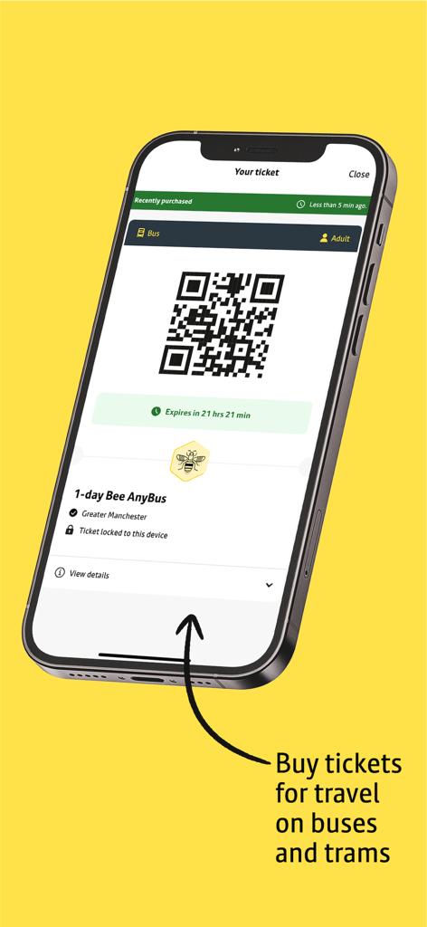 Bee Network - Um smartphone exibindo um bilhete digital de 1 dia Bee AnyBus com um código QR na aplicação Bee Network