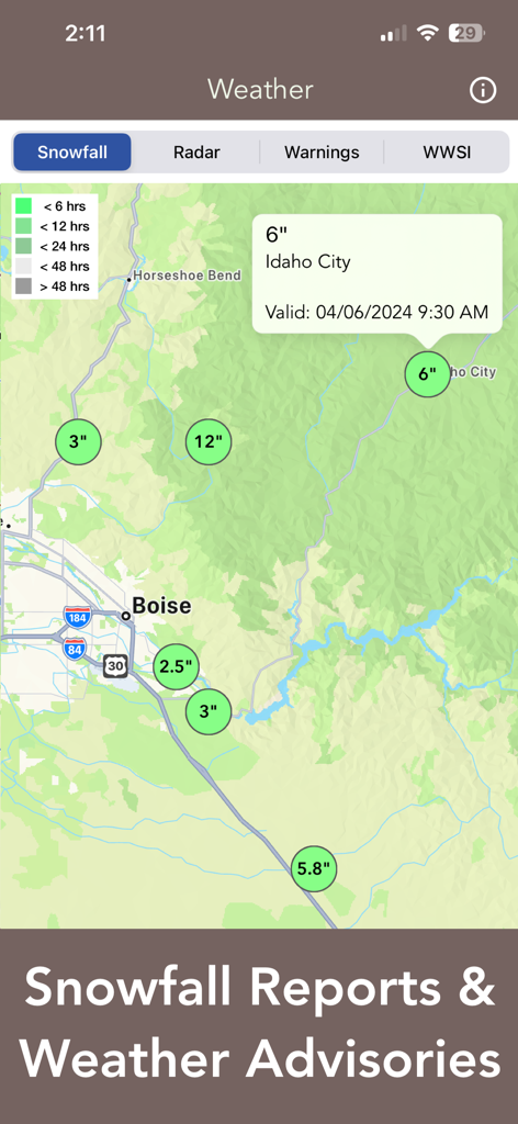 Pantalla de la aplicación Idaho 511 mostrando informes de nevadas y avisos meteorológicos en un mapa alrededor de Boise