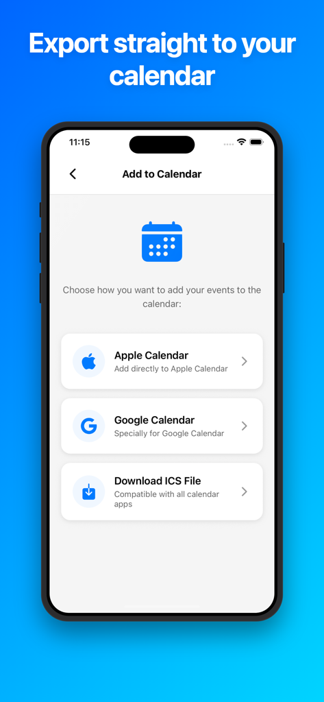 Klikk - Events - Klikk app interface showing options to export events to Apple Calendar Google Calendar or download as an ICS file