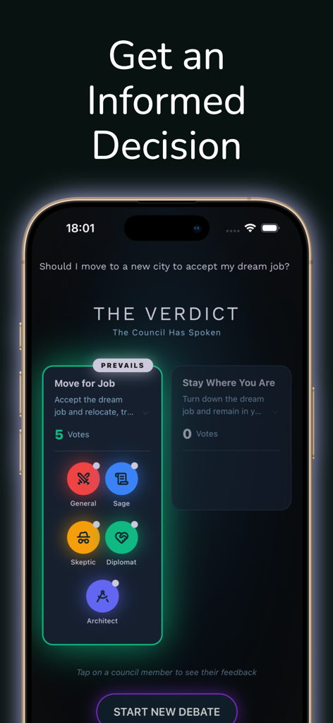 Moot app verdict screen showing the AI Council voting on a career dilemma
