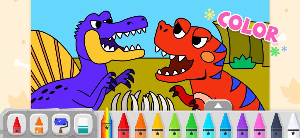 Pinkfong Dino World: Kids Game - Juego interactivo de colorear dinosaurios para niños pequeños con un Spinosaurus y un Tyrannosaurus Rex con crayones de colores