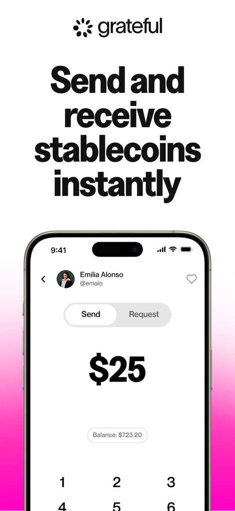 Interfaz de la aplicación Grateful que muestra una pantalla de transferencia de 25 dólares en stablecoins.