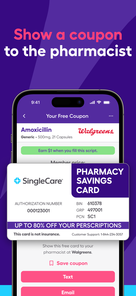 SingleCare Rx Pharmacy Coupons - La aplicación SingleCare muestra una tarjeta de ahorro de farmacia digital para descuentos en recetas