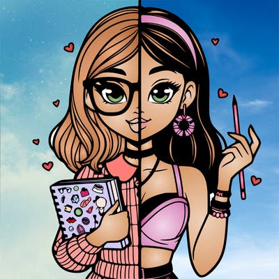 split with one side of girl nerd and one side popular