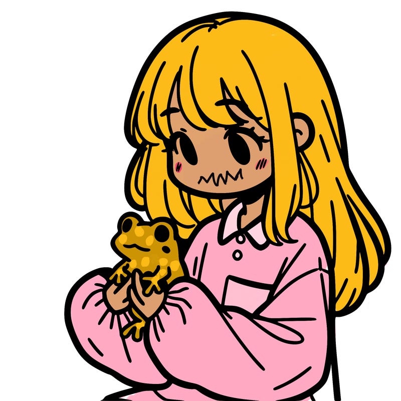 girl with long hair and a oversized shirt. and she is holding a frog