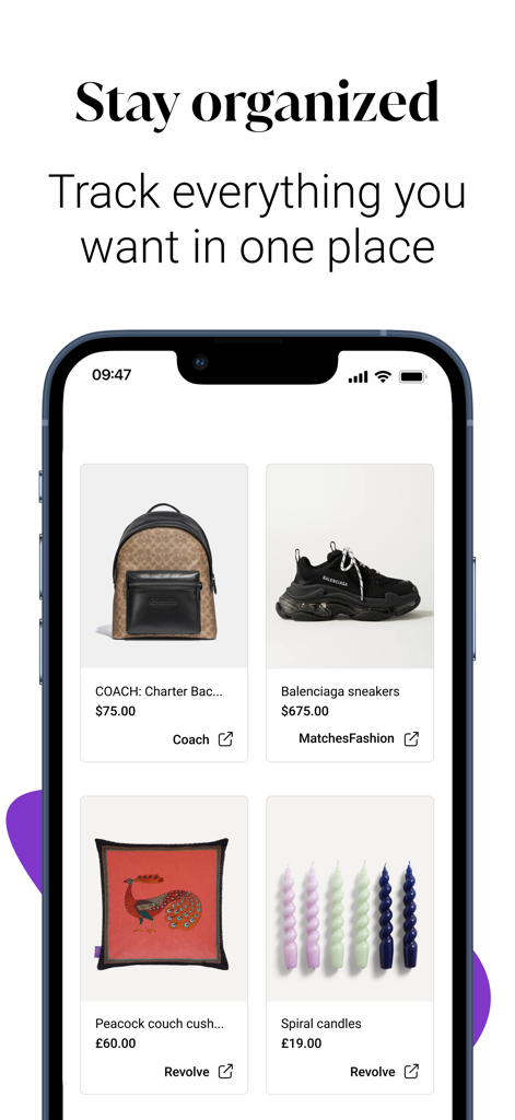 Moonsift app screen showing a collection of products from various retailers organized in one place
