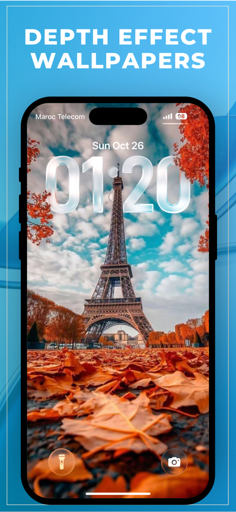 4K Wallpapers HD wallcraft - エッフェル塔とオレンジ色の紅葉の深度効果壁紙をフィーチャーしたiPhoneロック画面