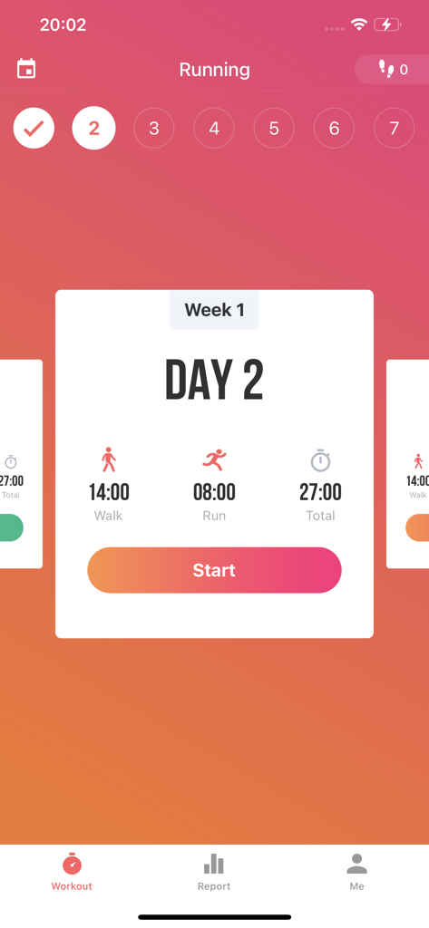 Run Tracker - GPS Run Trainer - Run Tracker app interface displaying an interval training plan for Week 1 Day 2 including walking and running segments.