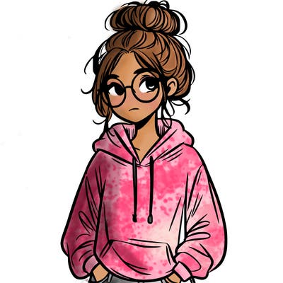 teen girl with a messy bun and glasses wearing a loose hoodie and jeans
