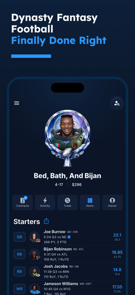 League Tycoon mobile app interface showing a dynasty fantasy football roster with player points and team stats