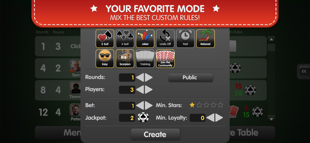 Spider Solitaire Palace - Menú para personalizar las reglas del juego y la configuración de la mesa en Spider Solitaire Palace.