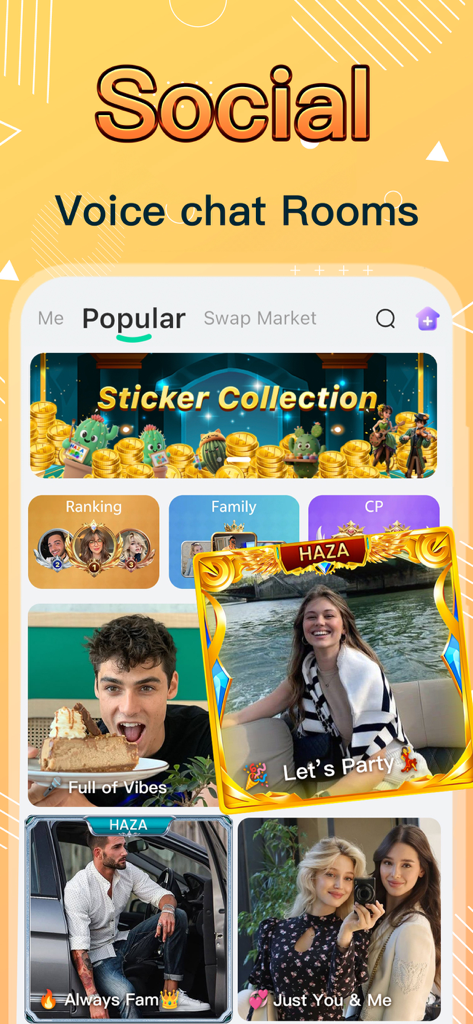 Interface of Haza app showing popular group voice chat rooms and a sticker collection banner