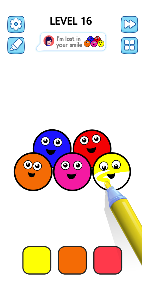 A digital coloring book screen showing a yellow marker filling in a happy circle emoji with other colorful smiley characters nearby