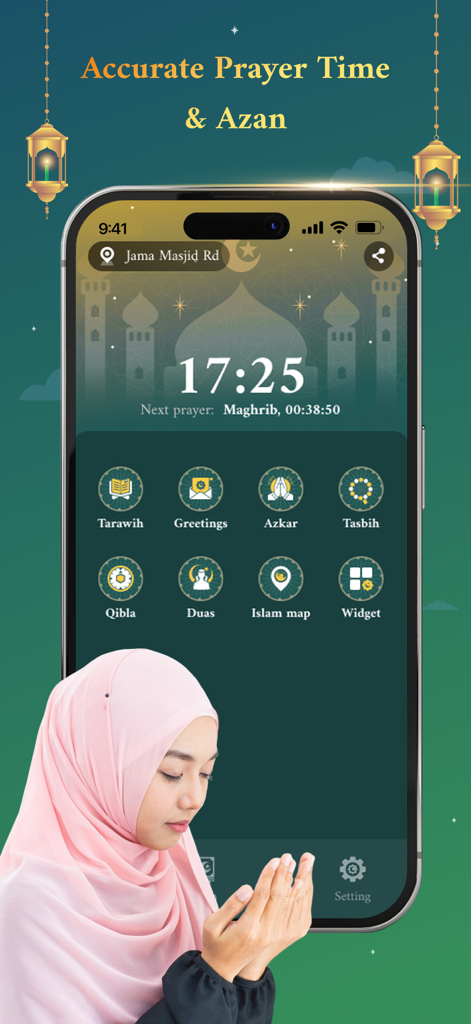 Muslim: Quran & Prayer Time - Dashboard of the Muslim Quran and Prayer Time app showing prayer times and feature icons