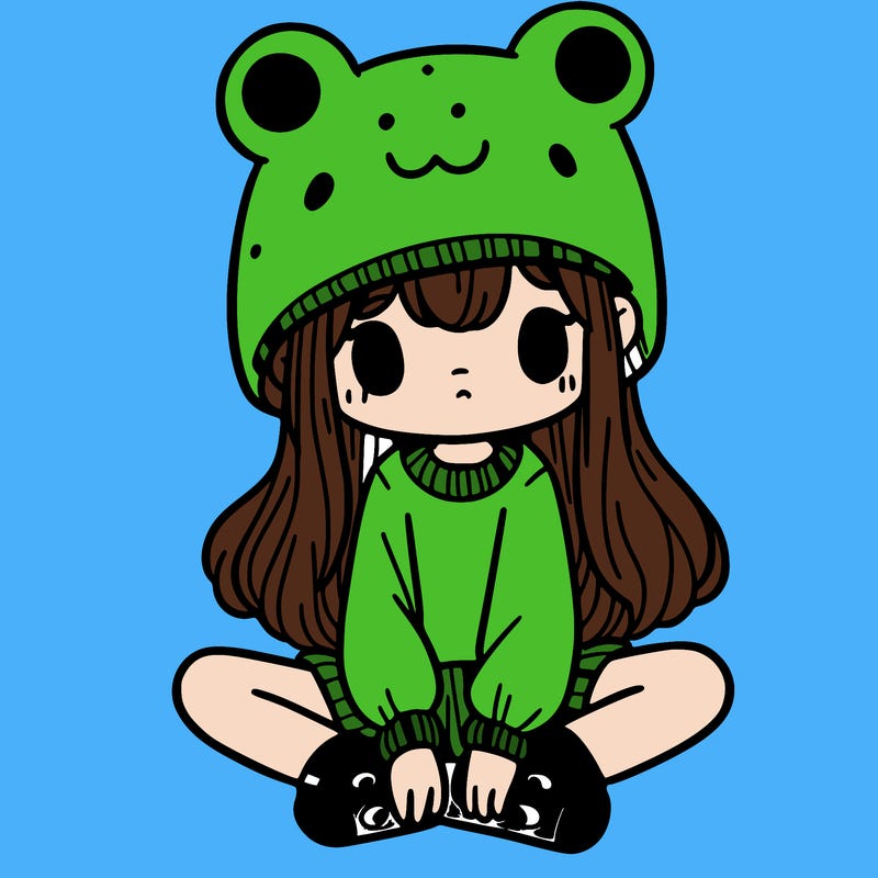 a girl wearing a frog hat and some frog socks