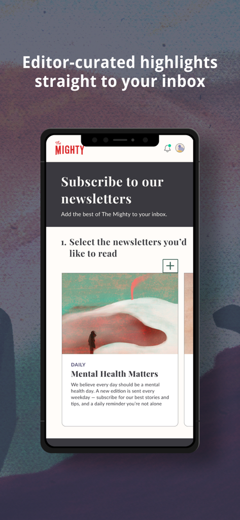 The Mighty app screen for subscribing to health and wellness newsletters including Mental Health Matters