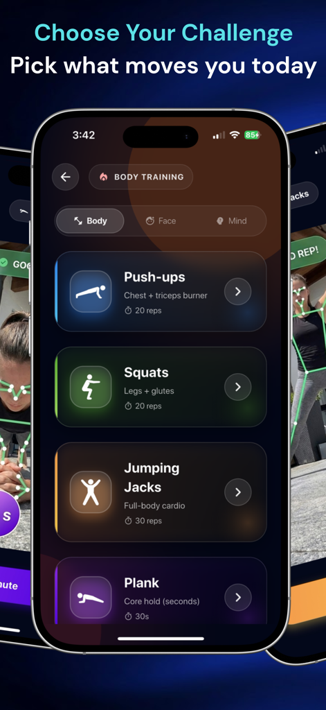 SweatPass: Earn Screen Time - SweatPass app interface displaying a menu of workout challenges like push-ups and squats to earn screen time.