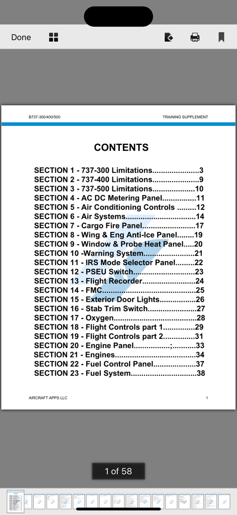 iBOEING B-737 Aircraft Apps - A table of contents page from the Boeing 737 training supplement document within the app.