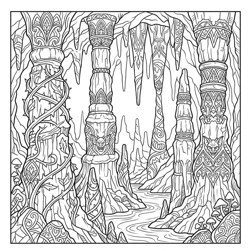 Dive into a world of mystery and wonder with this captivating Gothic Stalagmites coloring page, perfect for young adventurers. Featuring ornate cave formations and a flowing river, it's designed to spark creativity in kids aged 4-8.