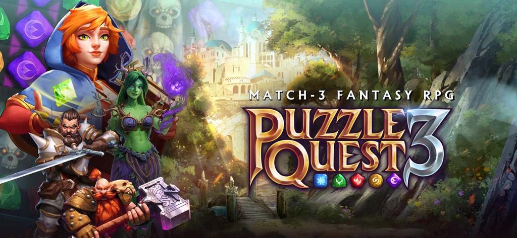 Banner promocional de Puzzle Quest 3 Match-3 RPG con héroes de fantasía y gemas mágicas