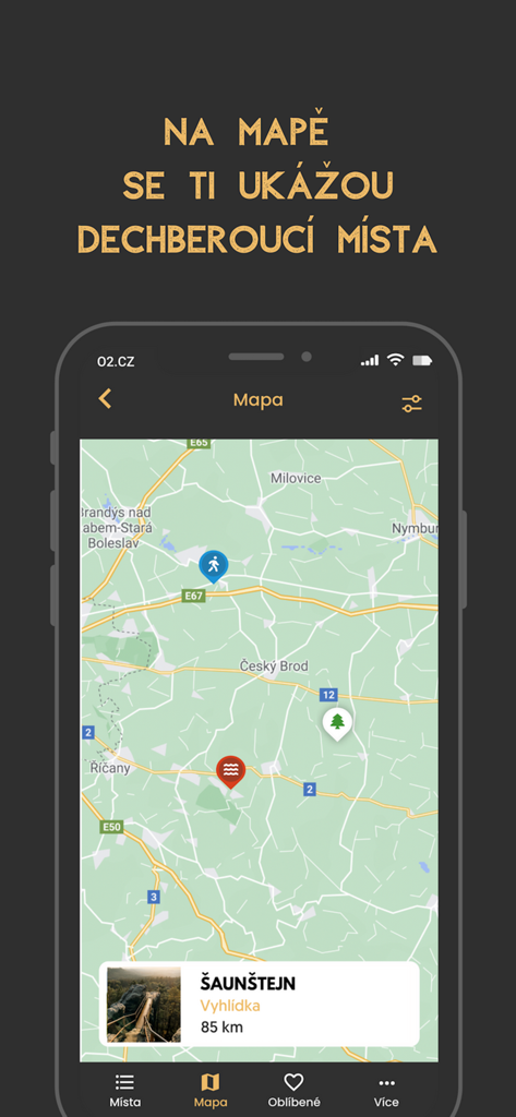 Map interface of the Uzasna mista travel app showing curated local hidden gems and viewpoints in the Czech Republic
