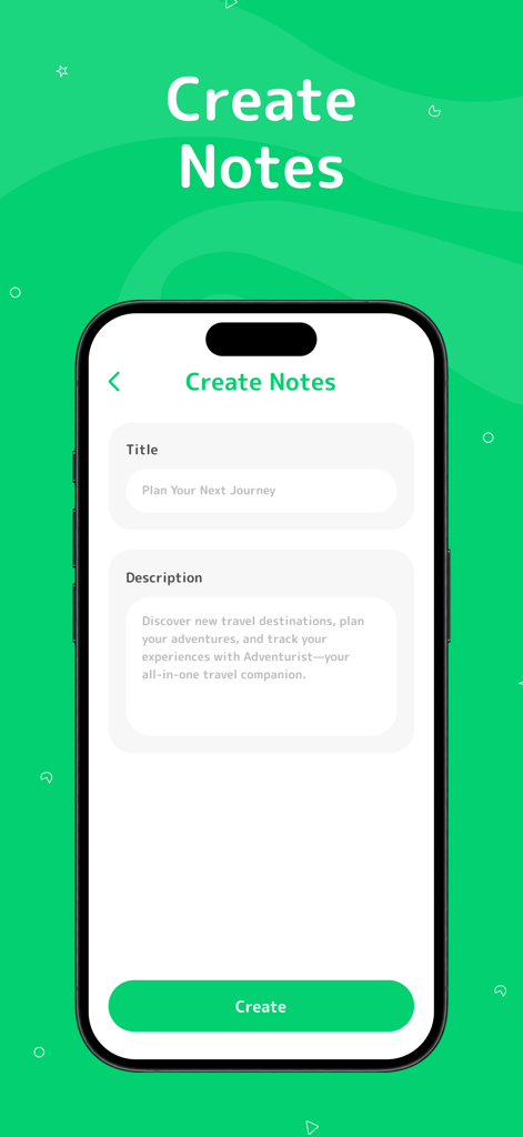 WebChat For WApp Messenger - A mobile interface for the Create Notes feature showing fields for title and description on a green background.
