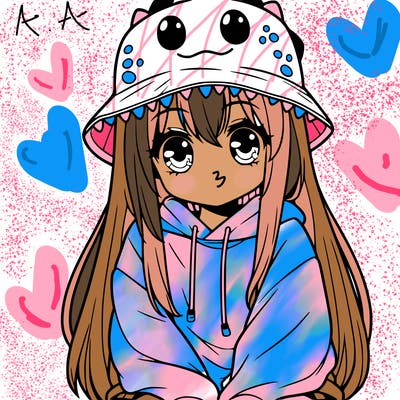 girl with anime shaped eyes with a dinosaur bucket hat oversized sweatshirt long straight hair