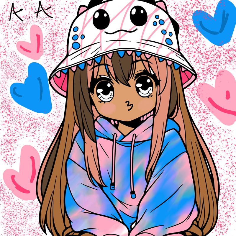 girl with anime shaped eyes with a dinosaur bucket hat oversized sweatshirt long straight hair