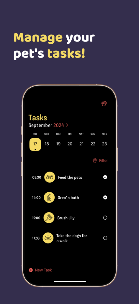 Aumigo - Pet Care & Routine - Tela do aplicativo móvel para gerenciar tarefas e rotinas diárias do pet