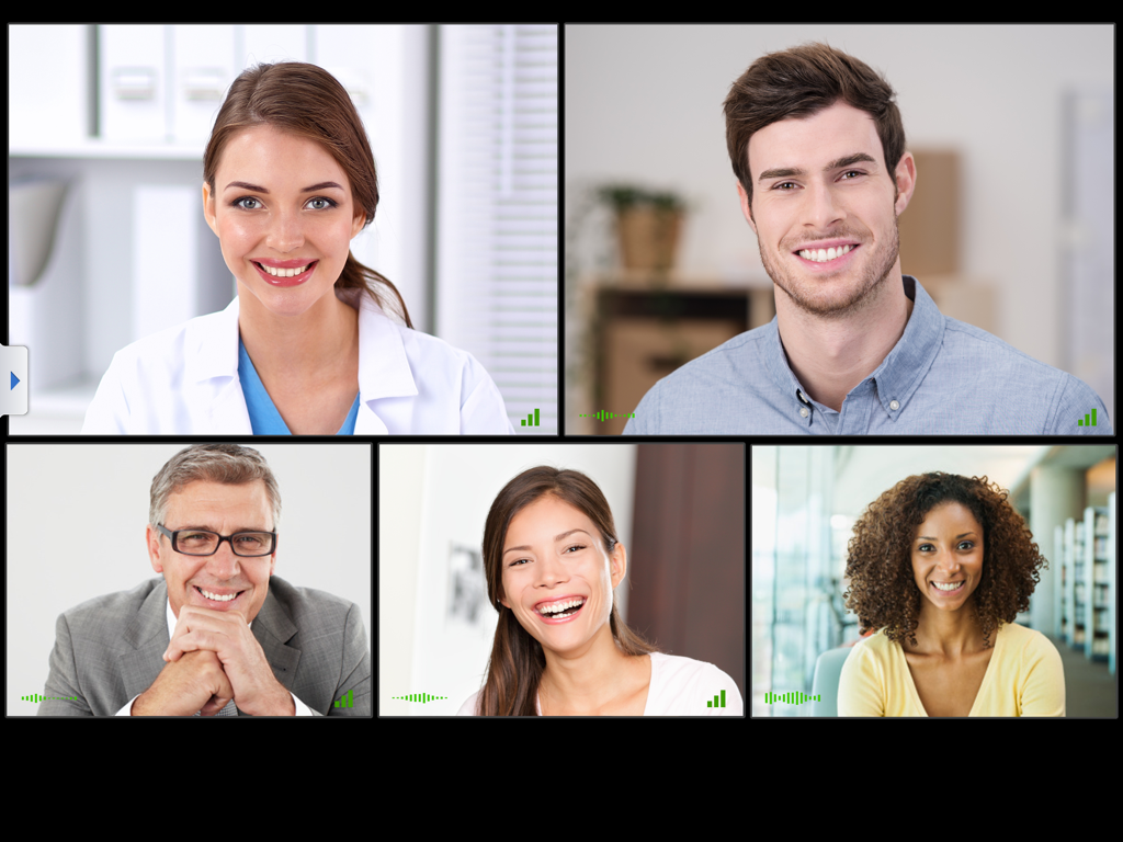 VSee Messenger for iPad - A five-way group video call on VSee Messenger for iPad featuring diverse professionals