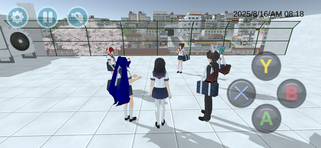 High School Simulator 2018 - Personagens escolares em estilo anime parados em um terraço no High School Simulator 2018