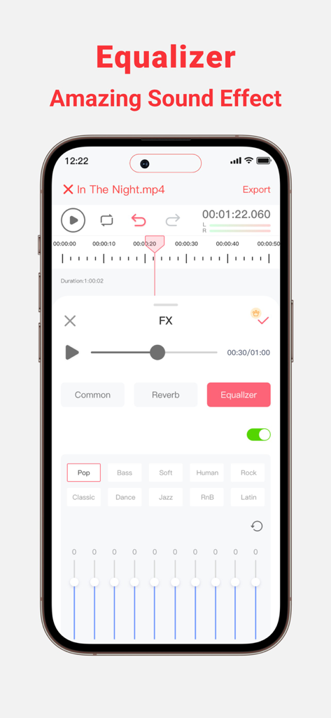 Oberfläche der MP3 Konverter App, die den Audio-Equalizer mit Frequenzreglern und Musikgenre-Voreinstellungen zeigt.